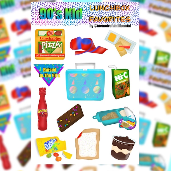 90's Kid Lunchbox Favorites Sticker Sheet, 90's Snacks, 90's kids stickers, 90s aesthetic, 90s girl, 90s fashion, 90s stickers