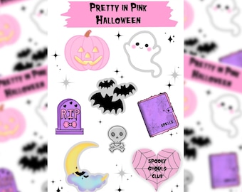 Bonita en Halloween rosa, Halloween pastel, Halloween rosa, hoja de pegatinas de Halloween rosa, pegatinas góticas pastel, pegatinas pastel, Halloween