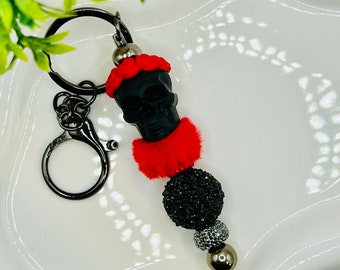 Black Skull Keychain, Sugar Skull, Skull with Rose Crown, Skull Keychain, Skull and Roses, Black and Red Skull Keychain, Goth Girl