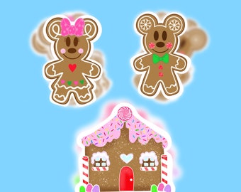 Pegatinas navideñas inspiradas en Disney, Mickey y Minnie de pan de jengibre, pegatinas de la casa de pan de jengibre, pegatinas de Navidad, pegatinas de pan de jengibre