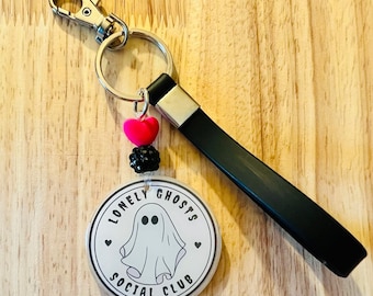 Lonely Ghosts Social Club Keychain, Ghost Keychain, Goth Keychain, Pastel Goth, Pastel Halloween, Pink Halloween, Bag Charm, Lanyard