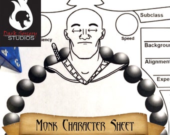 Illustrated Monk Character Sheet for Dungeons & Dragons 5e
