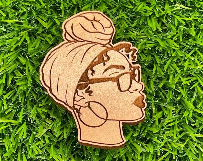 Featured listing image: Black Woman with Headwrap Pinback button| Wooden Pin Back Buttons