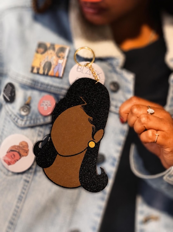80s & 90s Flipped High Ponytail Black Girl Hairstyle Keychain | Fingerwaves | Retro Melanin Keychain Accessory