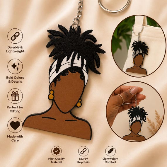 Oversized Black Girl Locs Keychain – 3D Printed Melanin Woman Keychain with Headwrap – Black Girl Gift – 5 x 3.75 Inch Statement Keychain