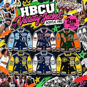 May include: A collection of six acrylic pins shaped like varsity jackets, each representing a different HBCU with unique school colors, logos, and text. The pins are 2 inches in size and feature detailed designs for Spelman, Howard, FAMU, A&T, Jackson State, and Grambling State.