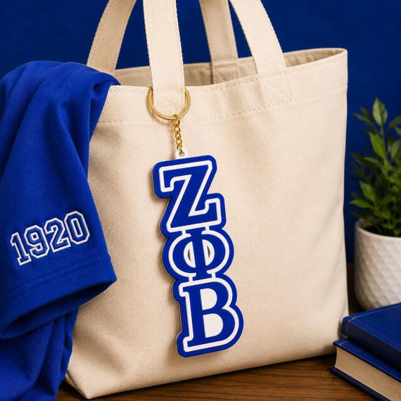 Zeta Phi Beta Sorority Inspired Keychain XL 8.5in | ΖΦΒ Keychain |  Royal Blue Bag Charm | Greek Letter Purse Charm | Gift for Sorors