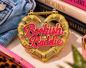 Bookish Baddie Enamel Pin – Gold Bamboo Earring Heart Pin – Pink Book Lover Brooch – Black Girl Bookish Accessory – Reader Gift