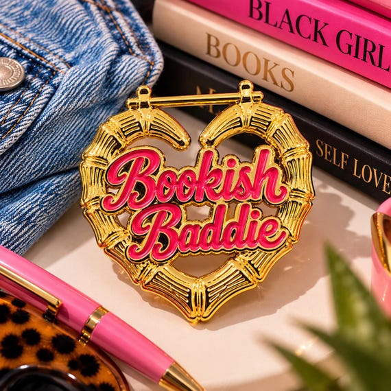 Bookish Baddie Enamel Pin – Gold Bamboo Earring Heart Pin – Pink Book Lover Brooch – Black Girl Bookish Accessory – Reader Gift