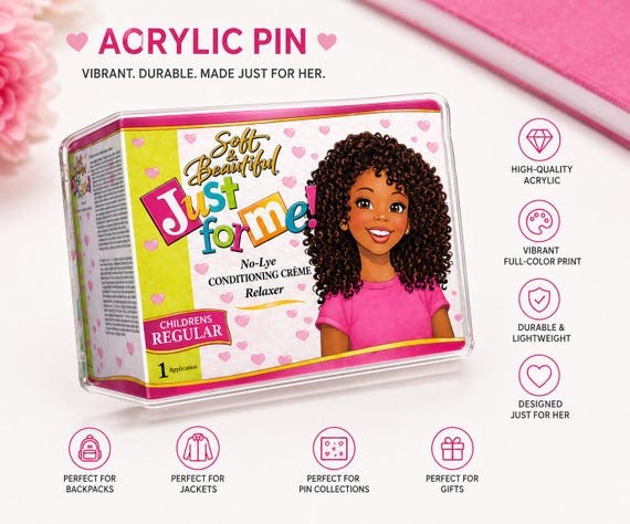 Just For Me Acrylic Pin – 2” Retro Hair Care Statement Pin | Black Culture Nostalgia | Black hair