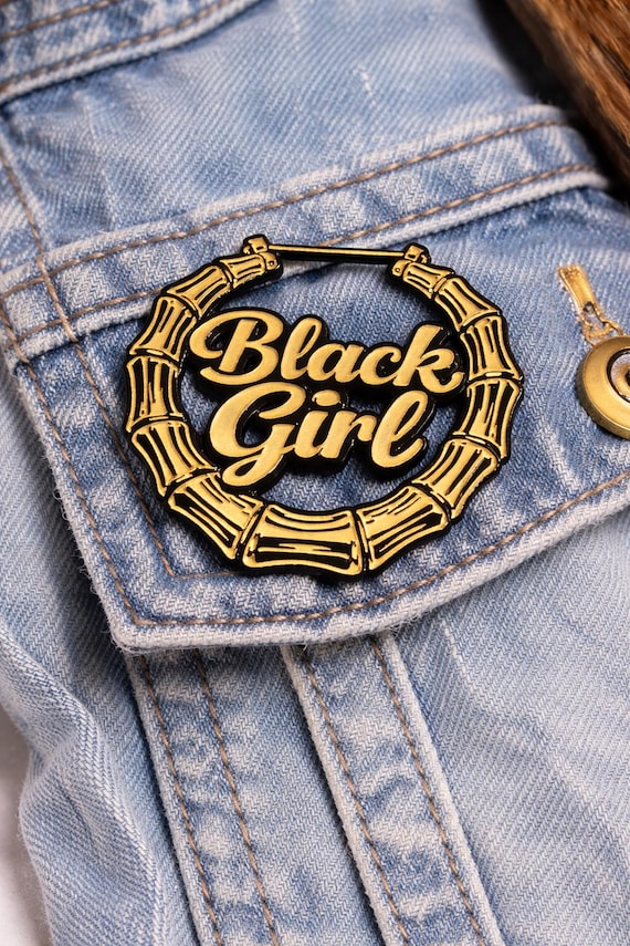Bamboo Earring Enamel Pin, Gold Bamboo Hoop Pin, Black Girl Pin, Statement Pin, Black Owned Gift, Jacket Pin, Backpack Pin
