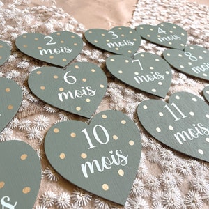 Cartes étapes pour bébé première année - Cartes étapes cœurs en bois  pour bébé - Cartes étapes première année de bébé 1 à 12 mois -