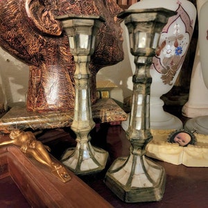2 Vintage Silver Mother of Pearl Candlestick Holders, Brass Candleholders with Mother of Pearl, Vintage Candleholders, Candlestick Holders