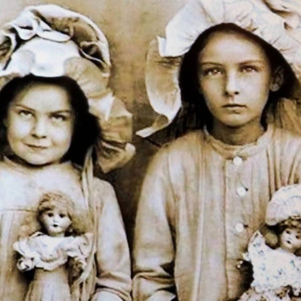 1900's Young Girls with Dolls Photo, Reprint, Black and White Photo, Antique Baby Doll