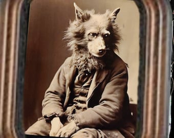 Victorian Wolfman Photo, Reprint, Halloween Costume, Creepy, Oddities, Curiosities, Black and White Photo, Antique