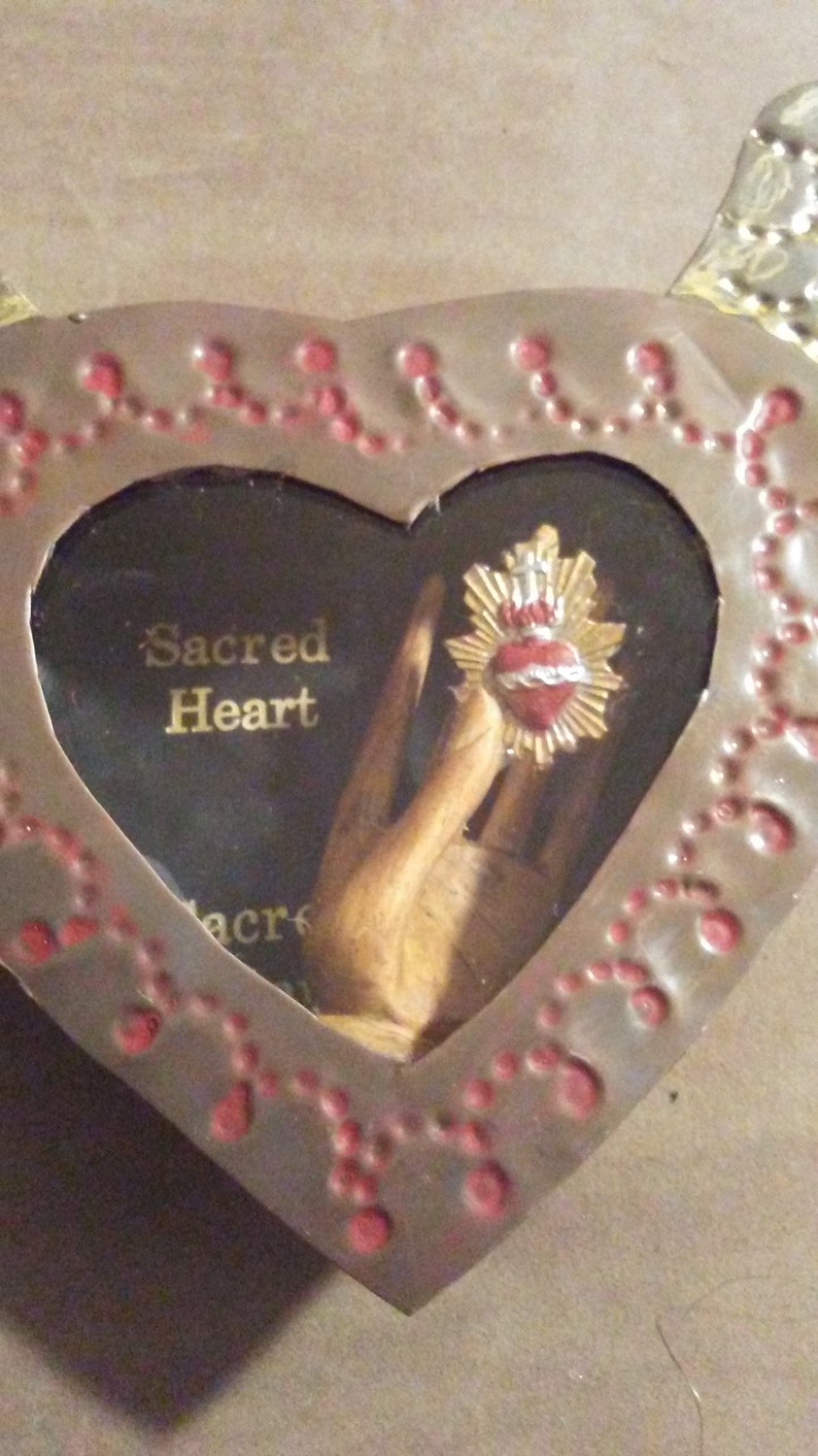 Sacred Heart Reliquary Tin Nicho Milagro Wooden Hand Etsy
