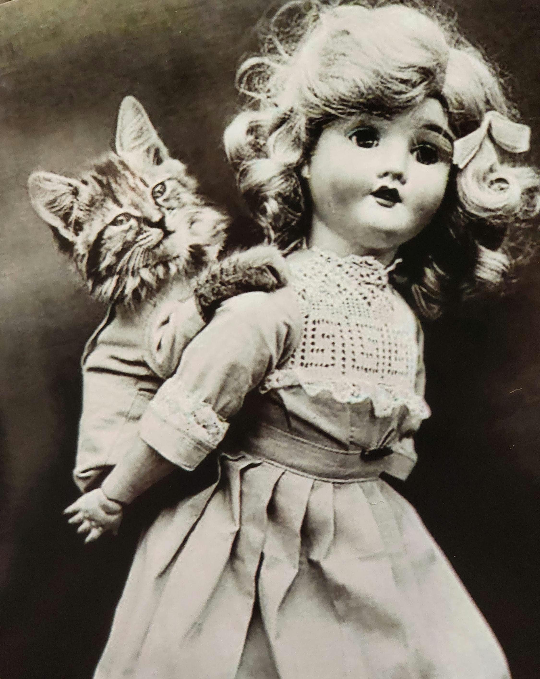 【antique doll】lithograph vintage 1900's Doll and Kitten Photo, Reprint, Black and White Photo