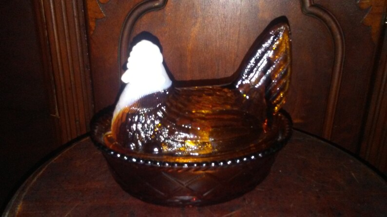 Amber Vintage Hen on Nest Collectible Glass Covered Glass Dish Blue Milk Glass Westmoreland