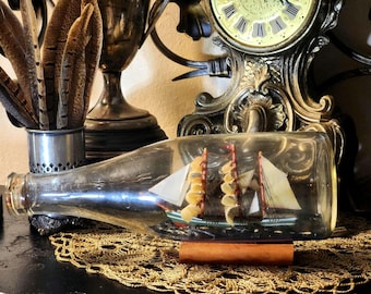 Vintage Ship in a Bottle, Nautical Decor, Glass Bottle, Model Ship, Souvenir, Curiosity, Sailboat,  Pirate Ship