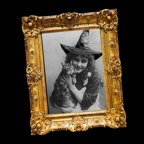 Victorian Witch Photo, Reprint, Halloween Costume, Cat, Oddities, Curiosities, Black and White Photo, Vintage Witch