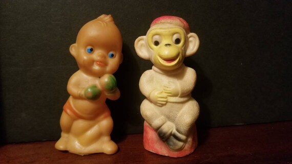 2 Vintage Squeaker Toys Monkey Boxing Baby Plastic Squeak Toy