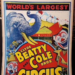 Vintage Circus Window Card, Poster, Smiling Clown, Clyde Beatty and Cole Bros. Circus, Cardboard, Indianapolis