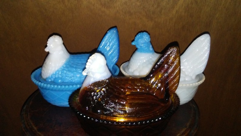 Amber Vintage Hen on Nest Collectible Glass Covered Glass Dish Blue Milk Glass Westmoreland