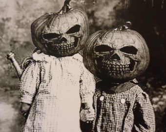 Creepy 1900's Halloween Photo Reprint, Children in Costume, Pumpkin Children, Victorian Children