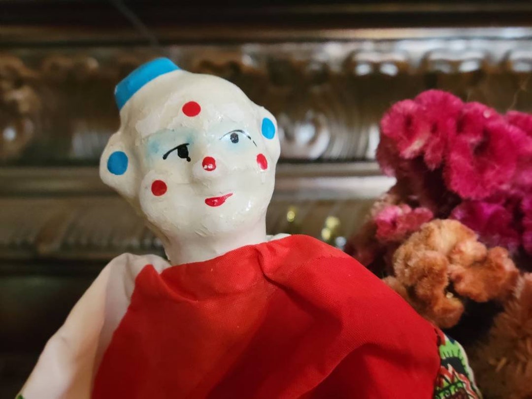 Vintage Paper Mache Clown Puppet, Hand Puppet, Circus Doll