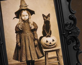 Antique Witch Print, Victorian, Witch, Reprint, Halloween Print, Black Cat