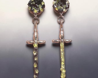 Hand Crushed Peridot + Black Tourmaline Tunnel Plugs X Sword Dangles