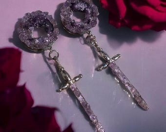 Hand Crushed Amethyst Sword Dangles X  Matching Tunnel Plugs  - Made to Order
