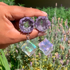 Hand Crushed Amethyst X Dangly Holographic Cube Tunnel Plugs  - Made to Order