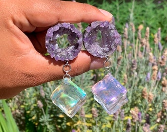 Hand Crushed Amethyst X Dangly Holographic Cube Tunnel Plugs  - Made to Order