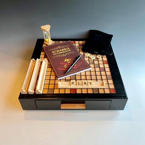 Deluxe Personalized Black Mid-Century Modern Maple Scrabble Board with Rotating Base, Handmade in the USA