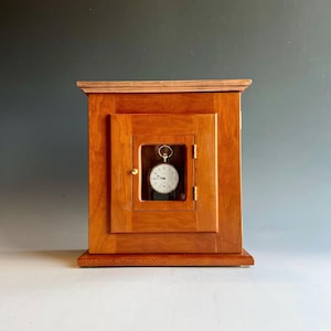 Solid Cherry Display Cabinet for Pocket Watch, Medal, or Jewelry with Compartment for Note
