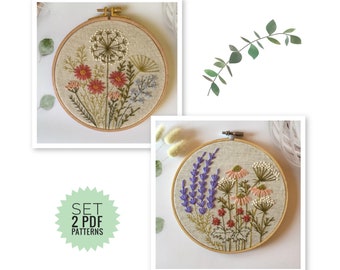 May include: Two embroidery hoop patterns featuring floral designs. The first hoop features a white dandelion, pink and red flowers, and green leaves. The second hoop features purple lavender, pink flowers, and green leaves. The text "SET 2 PDF PATTERNS" is on a green starburst.