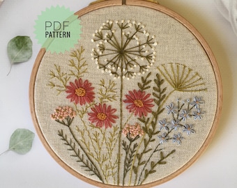 Borduurpatroon herfstbloemen en kruiden, botanisch borduurwerk 5&quot;, herfstrond ontwerp pdf, doe-het-zelf wilde bloemen op de weide