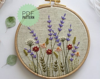 Floral hand embroidered design, Wildflowers and herbs meadow embroidery PDF, Botanical pattern 6"