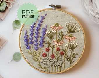 Wildflowers Embroidery Round Botanical Design, Floral Embroidery PDF Pattern 5”, Autumn on the Meadow Hoop Art DIY