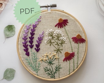 DIY easy flower on the meadow, Botanical hand embroidery pattern PDF, DIY hand stitched hoop art 5”, Digital download wildflowers design