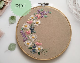 Wreath of wildflowers embroidery pattern 6”, Floral hand embroidery pattern PDF, Needlepoint DIY design