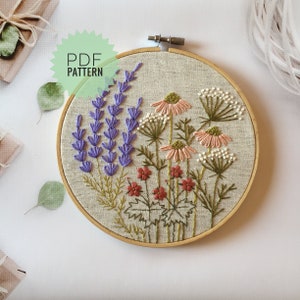 Wildflowers Embroidery Round Botanical Design, Floral Embroidery PDF Pattern 5”, Autumn on the Meadow Hoop Art DIY