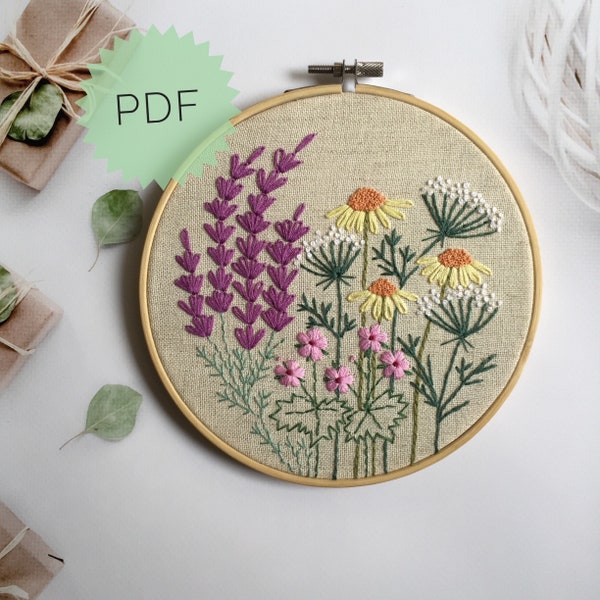 Botanical Embroidery Pattern 5", DIY Wildflowers Embroidery, Digital download Floral Embroidery Hoop Art, PDF Pattern  For Hand Embroidery