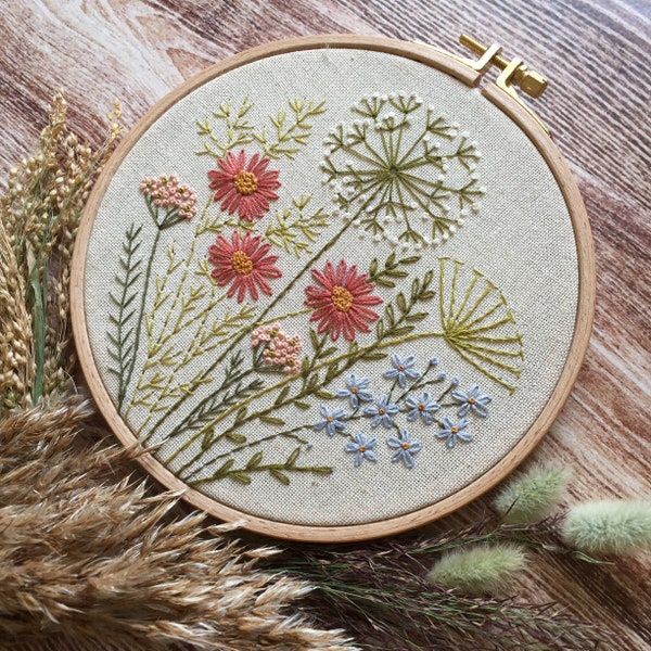 Autumn flowers and herbs embroidery hoop art, Fall wildflowers on the meadow finished art, Needlepoint floral wall art