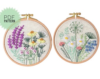Wildflowers and grasses embroidery patterns set, Modern floral designs set, Needlework do it yourself wall art, Round botanical patterns 5”