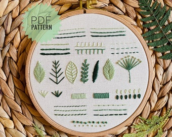 Beginner embroidery PDF pattern, 13 basic embroidery stitches, How to do leaves and stems digital tutorial