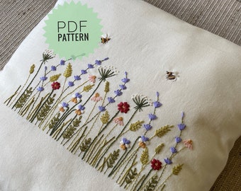 Floral embroidery pattern for pillowcases, Linen cushion cover botanical design digital download, DIY rectangular framed wall decor.