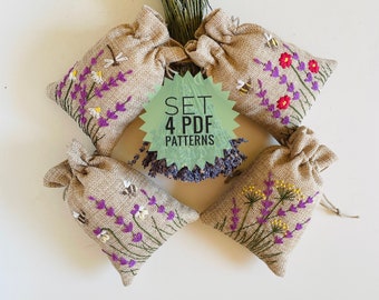 May include: Set of four PDF patterns for embroidering lavender sachets. Each sachet features a different design with lavender flowers, bees, and other floral elements. The sachets are made of hessian fabric.