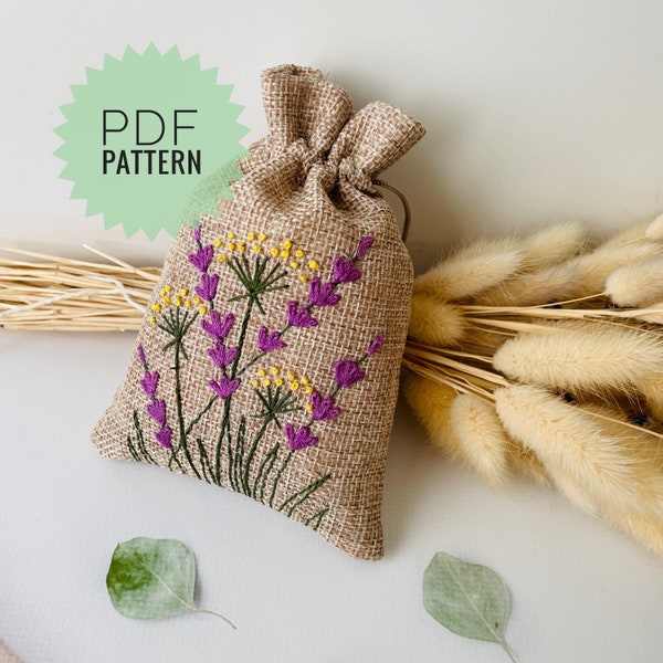 Flowers and herbs pouch embroidery pattern, Digital embroidery design, Hand embroidery PDF pattern